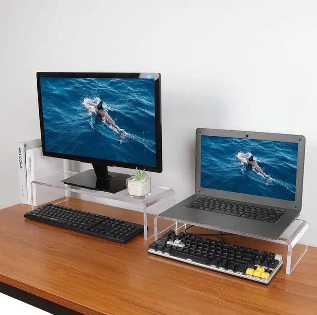 Alt view image 2 of 5 - FOR-2 Pack Computer Monitor Riser with keyboard cover Anti-Cat, Dual Monitor Stand Riser, Multimedia Desktop Stand for Dual Monitors/Laptop/Flat Screen TV (20"+14")