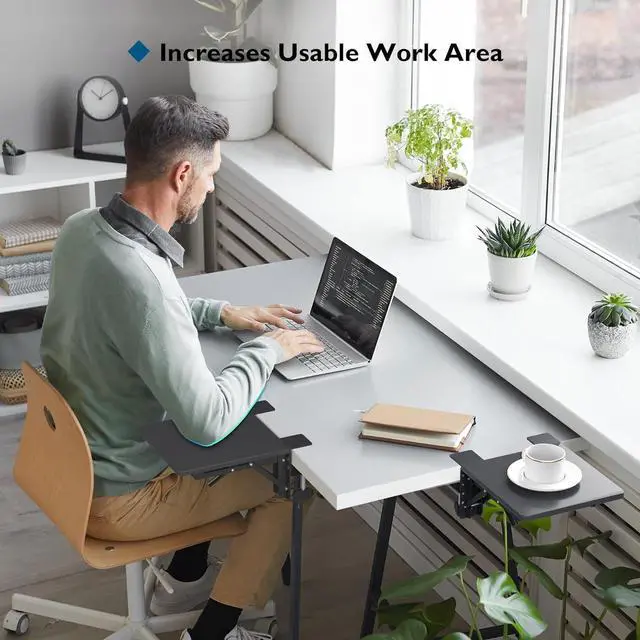 Alt view image 2 of 6 - Ergonomic Desk Extender Tray, 9.5"x9.1" Table Mount Arm Wrist Rest Shelf, 90° Foldable Elbow Support, Clamp on Computer Arm Rest for Desk, Office & Home Use, Durable & Easy to Install