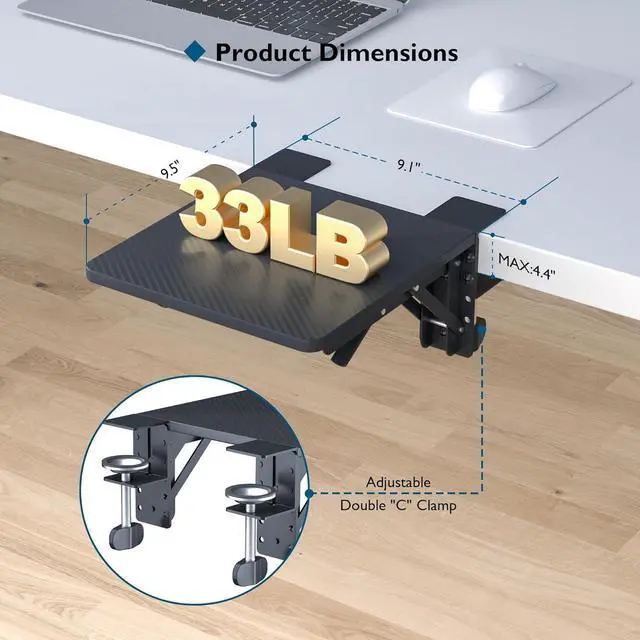 Alt view image 6 of 6 - Ergonomic Desk Extender Tray, 9.5"x9.1" Table Mount Arm Wrist Rest Shelf, 90° Foldable Elbow Support, Clamp on Computer Arm Rest for Desk, Office & Home Use, Durable & Easy to Install