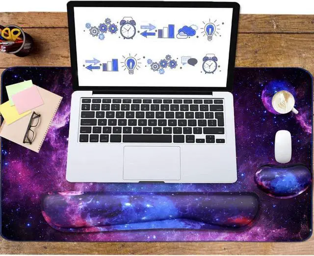 Alt view image 5 of 6 - Large Mouse Pad and Keyboard Wrist Rest, Desk Pad for Keyboard and Mouse, 4-in-1 Large Gaming Mouse Pad with Wrist Support, Desk Mat for Home Office Study Game-Galaxy Fluid