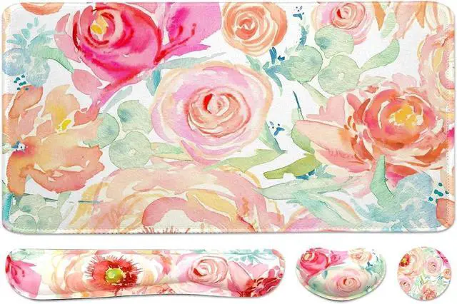 Main image of Large Mouse Pad Set, Cute Extended Mouse Pad+Keyboard Wrist Rest Support Desk Pad Memory Foam Ergonomic Easy Typing, 35.4×15.7 in Desk Mat Set for Home Office Study Game - Flowers