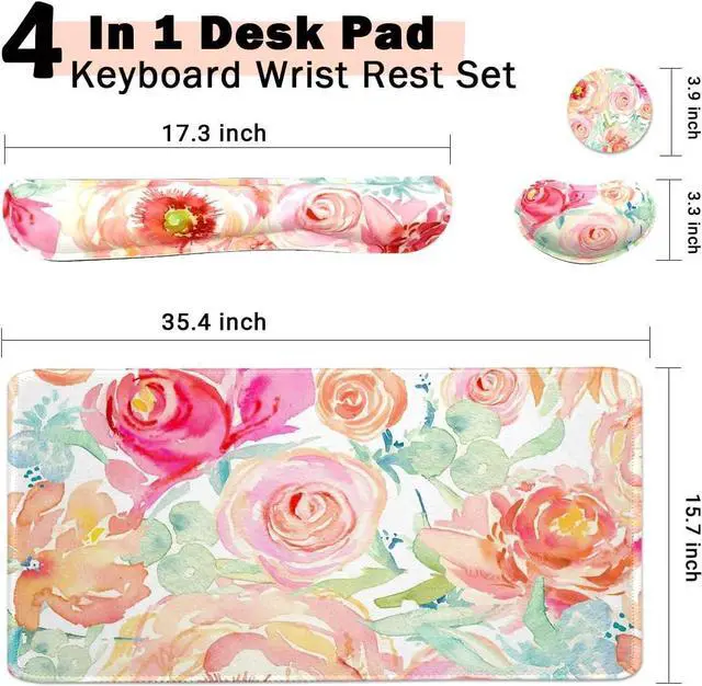 Alt view image 3 of 5 - Large Mouse Pad Set, Cute Extended Mouse Pad+Keyboard Wrist Rest Support Desk Pad Memory Foam Ergonomic Easy Typing, 35.4×15.7 in Desk Mat Set for Home Office Study Game - Flowers