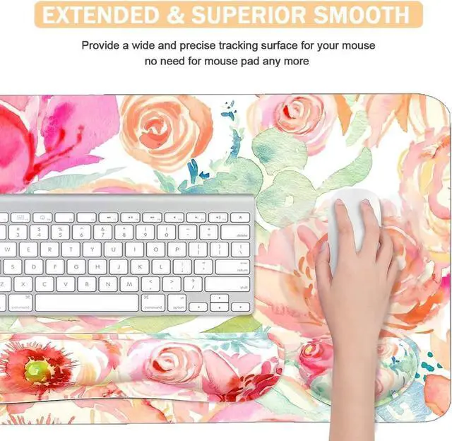 Alt view image 4 of 5 - Large Mouse Pad Set, Cute Extended Mouse Pad+Keyboard Wrist Rest Support Desk Pad Memory Foam Ergonomic Easy Typing, 35.4×15.7 in Desk Mat Set for Home Office Study Game - Flowers