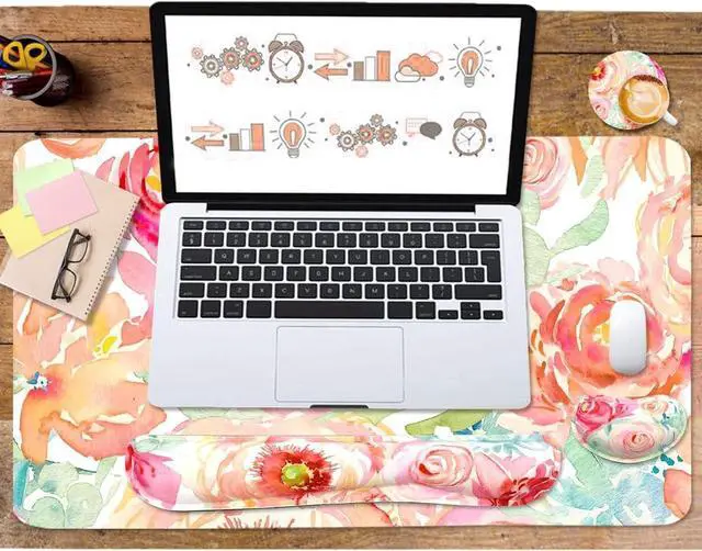 Alt view image 5 of 5 - Large Mouse Pad Set, Cute Extended Mouse Pad+Keyboard Wrist Rest Support Desk Pad Memory Foam Ergonomic Easy Typing, 35.4×15.7 in Desk Mat Set for Home Office Study Game - Flowers