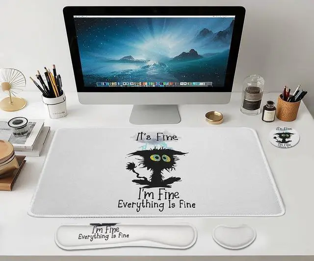 Alt view image 4 of 4 - Large Mouse Pad Set, Cute Extended Mouse Pad+Keyboard Wrist Rest Support Desk Pad Memory Foam Ergonomic Easy Typing - It's Fine