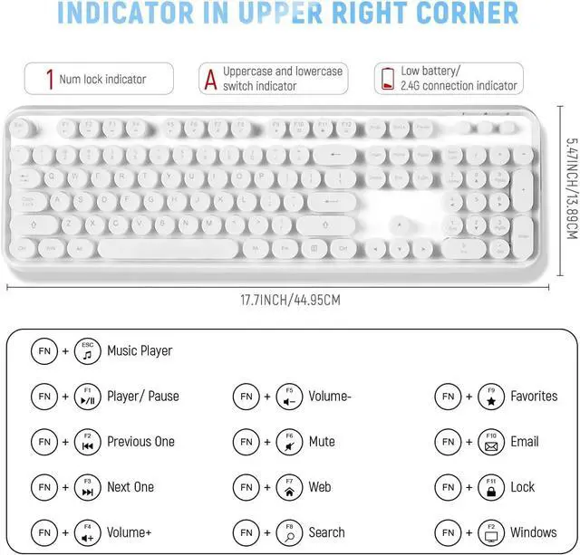 Alt view image 4 of 5 - Wireless Keyboard and Mouse Combo - 2.4G Full-Sized White Keyboard with Round Keycaps 104 Keys Typewriter Keyboard for Laptop/Windows/PC - White
