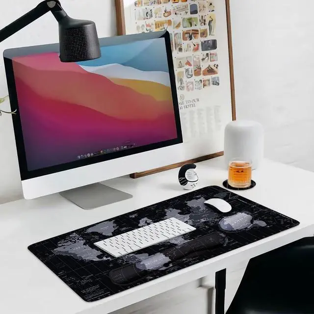 Alt view image 5 of 5 - Large Mouse Pad Set, Cute Extended Mouse Pad+Keyboard Wrist Rest Support Desk Pad Memory Foam Ergonomic Easy Typing, 35.4×15.7 in Desk Mat Set for Home Office Study Game - World Map