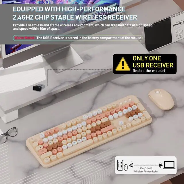 Alt view image 2 of 5 - 2.4GHz Wireless Keyboard and Mouse Set with Switch Button - Full-Size Keyboard - Compatible for Windows/Laptop/PC/Notebook/Smart TV and More - Milk Tea Colorful