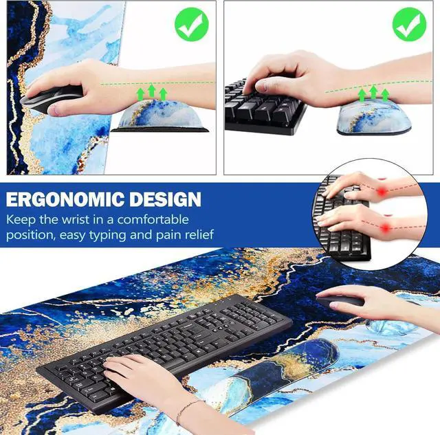Alt view image 4 of 6 - Large Gaming Mouse Pad, Keyboard Wrist Rest Pad & Wrist Support Mousepad Set, Stitched Edge, Extended, Non-Slip Base, Memory Foam,Multifunctional Desk Mat 4pcs for Office & Home, Blue Marble