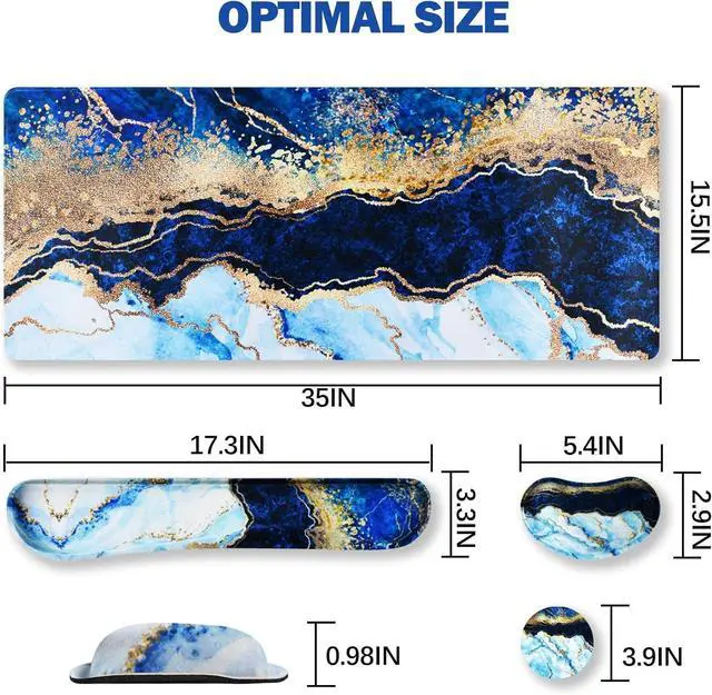 Alt view image 6 of 6 - Large Gaming Mouse Pad, Keyboard Wrist Rest Pad & Wrist Support Mousepad Set, Stitched Edge, Extended, Non-Slip Base, Memory Foam,Multifunctional Desk Mat 4pcs for Office & Home, Blue Marble