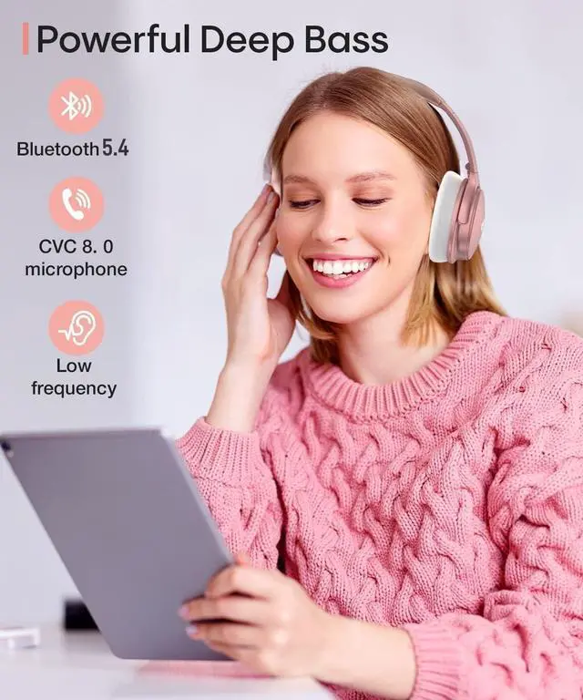 Alt view image 4 of 5 - Rose Gold Active Noise Cancelling Headphones with Microphone Wireless Over Ear Bluetooth Headphones, Deep Bass, Memory Foam Ear Cups, Quick Charge 90H Playtime, for Travel/Sports/Audiobooks