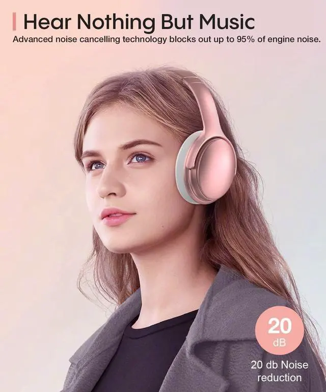 Alt view image 2 of 5 - Rose Gold Active Noise Cancelling Headphones with Microphone Wireless Over Ear Bluetooth Headphones, Deep Bass, Memory Foam Ear Cups, Quick Charge 90H Playtime, for Travel/Sports/Audiobooks