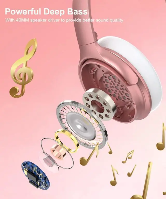 Alt view image 3 of 5 - Rose Gold Active Noise Cancelling Headphones with Microphone Wireless Over Ear Bluetooth Headphones, Deep Bass, Memory Foam Ear Cups, Quick Charge 90H Playtime, for Travel/Sports/Audiobooks