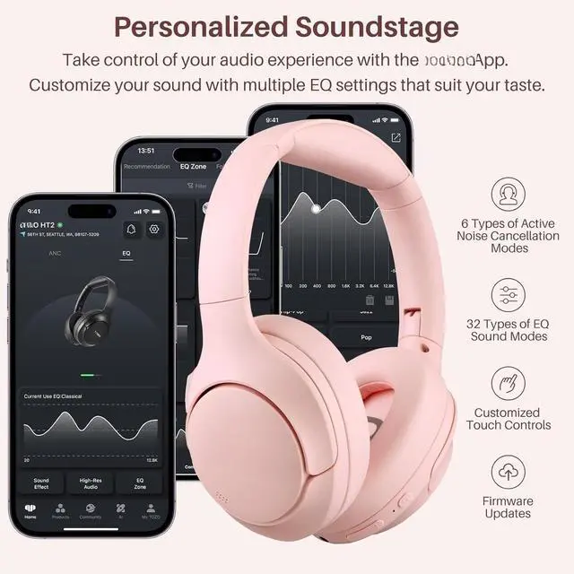 Alt view image 4 of 5 - HT2 Hybrid Active Noise Cancelling Headphones, Wireless Over Ear Bluetooth Headset, 60H Playtime, Hi-Res Audio Custom EQ via App Deep Bass Comfort Fit Ear Cups, for Home Office Travel Pink