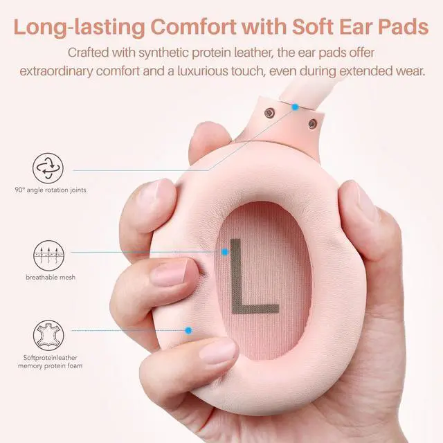 Alt view image 5 of 5 - HT2 Hybrid Active Noise Cancelling Headphones, Wireless Over Ear Bluetooth Headset, 60H Playtime, Hi-Res Audio Custom EQ via App Deep Bass Comfort Fit Ear Cups, for Home Office Travel Pink