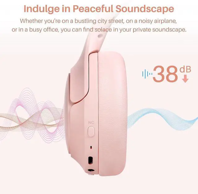 Alt view image 2 of 5 - HT2 Hybrid Active Noise Cancelling Headphones, Wireless Over Ear Bluetooth Headset, 60H Playtime, Hi-Res Audio Custom EQ via App Deep Bass Comfort Fit Ear Cups, for Home Office Travel Pink