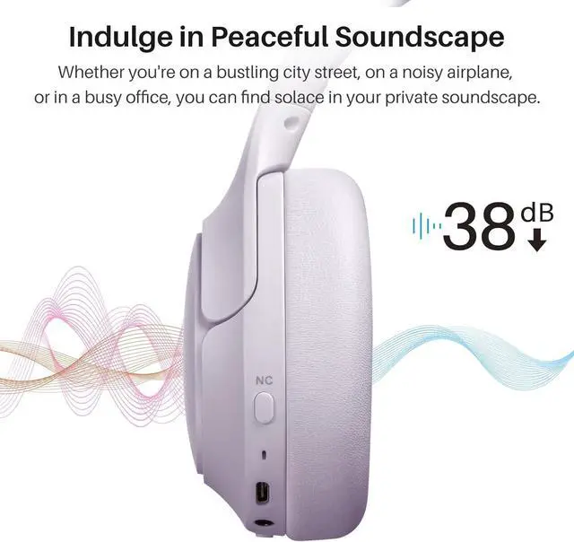 Alt view image 3 of 3 - FOR HT2 Hybrid Active Noise Cancelling Headphones, Wireless Over Ear Bluetooth Headset, 60H Playtime, Hi-Res Audio Custom EQ via App Deep Bass Comfort Fit Ear Cups, for Home Office Travel Purple