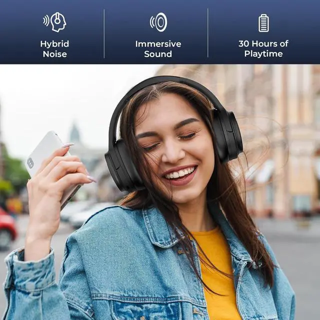 Alt view image 2 of 5 - Hybrid Active Noise Cancelling Headphones, Bluetooth Headphones Wireless Over Ear Headphones with Microphone, Deep Bass, Memory Foam Ear Cushions, 30 Hrs for Travel/Office/Home Black