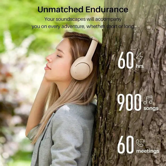 Alt view image 4 of 4 - HT2 Hybrid Active Noise Cancelling Headphones, Wireless Over Ear Bluetooth Headset, 60H Playtime, Hi-Res Audio Custom EQ via App Deep Bass Comfort Fit Ear Cups, for Home Office Travel Khaki