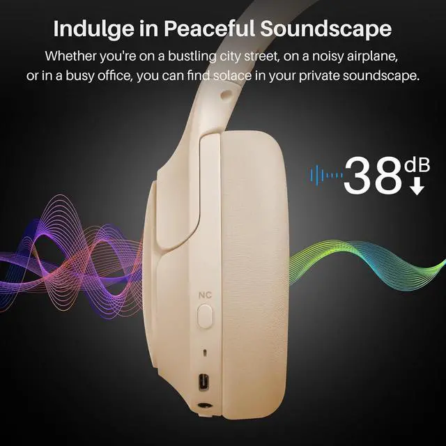 Alt view image 3 of 4 - HT2 Hybrid Active Noise Cancelling Headphones, Wireless Over Ear Bluetooth Headset, 60H Playtime, Hi-Res Audio Custom EQ via App Deep Bass Comfort Fit Ear Cups, for Home Office Travel Khaki