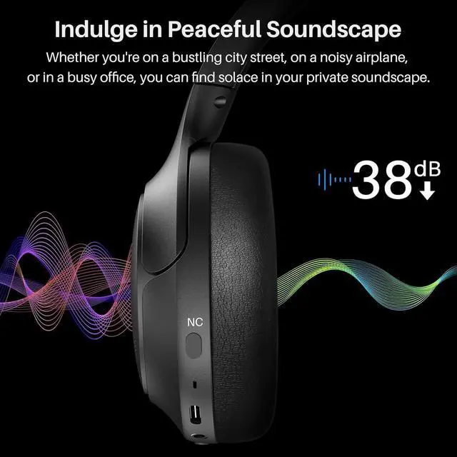 Alt view image 3 of 5 - HT2 Hybrid Active Noise Cancelling Headphones, Wireless Over Ear Bluetooth Headset, 60H Playtime, Hi-Res Audio Custom EQ via App Deep Bass Comfort Fit Ear Cups, for Home Office Travel Black