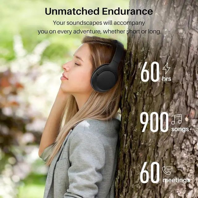 Alt view image 4 of 5 - HT2 Hybrid Active Noise Cancelling Headphones, Wireless Over Ear Bluetooth Headset, 60H Playtime, Hi-Res Audio Custom EQ via App Deep Bass Comfort Fit Ear Cups, for Home Office Travel Black