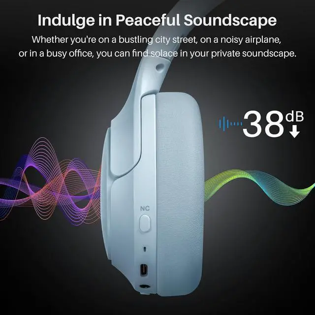 Alt view image 2 of 4 - HT2 Hybrid Active Noise Cancelling Headphones, Wireless Over Ear Bluetooth Headset, 60H Playtime, Hi-Res Audio Custom EQ via App Deep Bass Comfort Fit Ear Cups, for Home Office Travel Blue