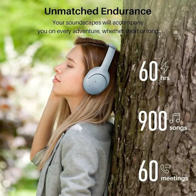 Alt view image 3 of 4 - HT2 Hybrid Active Noise Cancelling Headphones, Wireless Over Ear Bluetooth Headset, 60H Playtime, Hi-Res Audio Custom EQ via App Deep Bass Comfort Fit Ear Cups, for Home Office Travel Blue