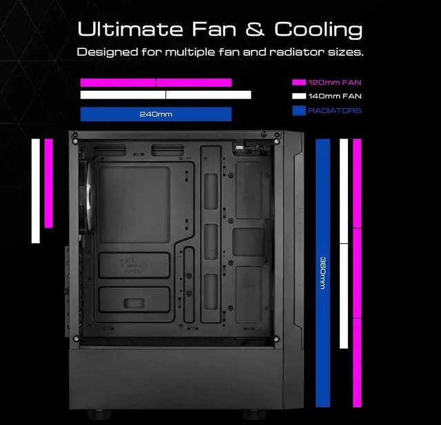 Alt view image 3 of 7 - Gaming ATX Mid Tower PC Computer Case with Tempered Glass, 3 Built-in 120mm ARGB Desktop Case Fans, Support Up to 360mm AIO/Radiator, 150mm PSU & 160mm CPU Cooler
