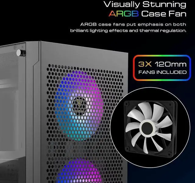 Alt view image 4 of 7 - Gaming ATX Mid Tower PC Computer Case with Tempered Glass, 3 Built-in 120mm ARGB Desktop Case Fans, Support Up to 360mm AIO/Radiator, 150mm PSU & 160mm CPU Cooler