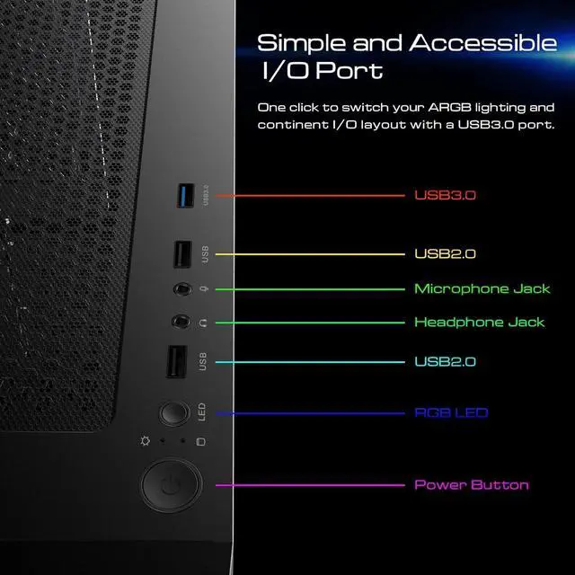 Alt view image 7 of 7 - Gaming ATX Mid Tower PC Computer Case with Tempered Glass, 3 Built-in 120mm ARGB Desktop Case Fans, Support Up to 360mm AIO/Radiator, 150mm PSU & 160mm CPU Cooler