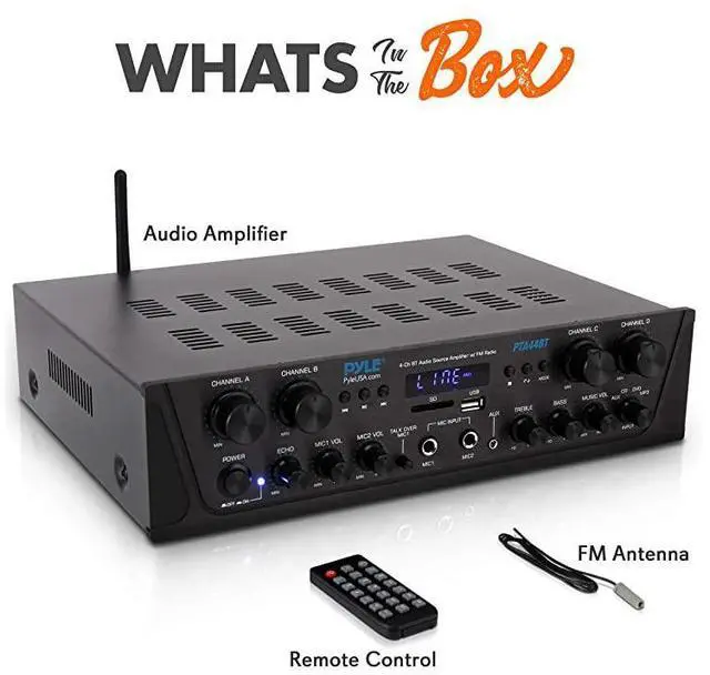 Alt view image 7 of 7 - 500W Karaoke Wireless Bluetooth Amplifier 4 Channel Stereo Audio Home Theater Speaker Sound Power Receiver w AUX IN FM RCA Subwoofer Speakers OUT USB Microphone IN w Echo PTA44BT