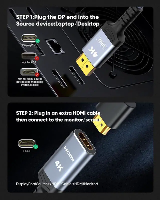 Alt view image 4 of 7 - FOR 4K DisplayPort to HDMI Adapter Uni-Directional DP 1.2 to HDMI 2.0 Nylon Braided Converter Cable Male to Female Compatible with Laptop Desktop TV/HDTV Monitor Projector Grey [Passive]