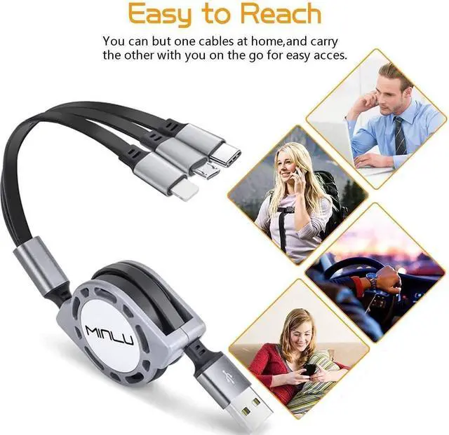 Alt view image 6 of 6 - FOR4Ft/1.2m Multi Retractable Fast Charger Cord 3A 2Pack 3-in-1 USB Charging Cable for IP/Type-C/Micro-USB Compatible with Cell Phones/Tablets/Samsung Galaxy/Pixel/Sony/LG/HTC(2Pack)