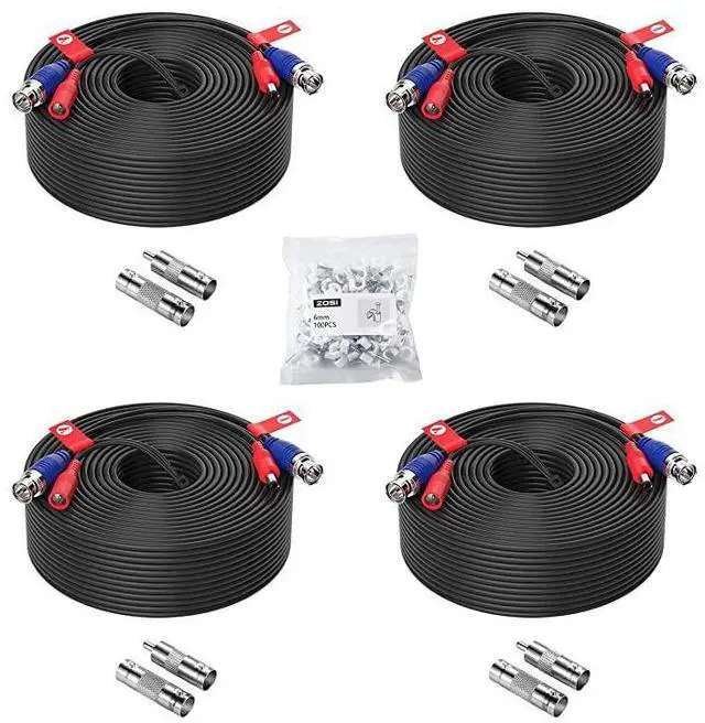 Main image of 4 Pack 150ft 45 Meters AllinOne Video Power Cable BNC Extension Surveillance Camera Cables for Video Security DVR Camera Systems Included 4X BNC Connectors and 4X RCA AdaptersBlack Color