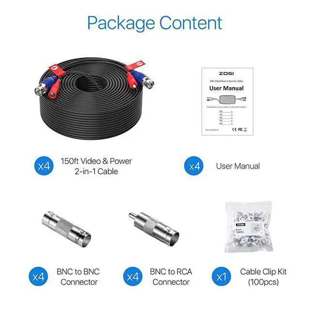 Alt view image 2 of 7 - 4 Pack 150ft 45 Meters AllinOne Video Power Cable BNC Extension Surveillance Camera Cables for Video Security DVR Camera Systems Included 4X BNC Connectors and 4X RCA AdaptersBlack Color