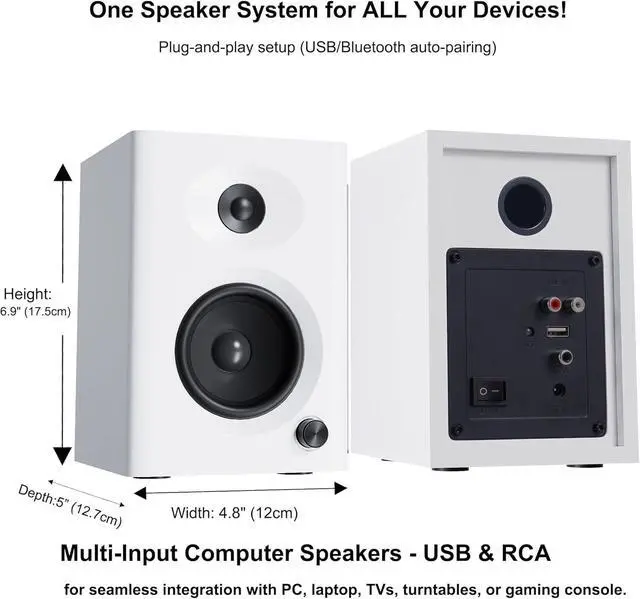 Alt view image 7 of 7 - FOR Computer Speakers for Desktop PC, 60W Bluetooth Surround Sound Speakers with Bass, Compact Active Bookshelf Speakers for Office, Monitors, Laptop, Gaming, TV, Gifts (White, Pair)