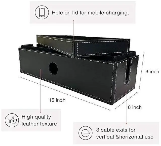 Alt view image 2 of 7 - for Cable Management Box Large Computer Cord Organizer Hide and Conceal Power Cable Organizer Computers and Desks Black Stitched Leather