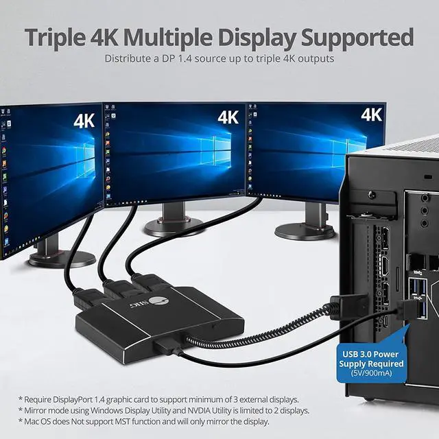Alt view image 4 of 7 - FOR DisplayPort 1.4 to DisplayPort MST Hub Video Splitter 4K60Hz - DisplayPort Splitter 1 in 3 Out Multi Stream Transport DisplayPort Hub DP Daisy Chain Monitor Adapter Not for MacOS(CE-DP0P11-S1)