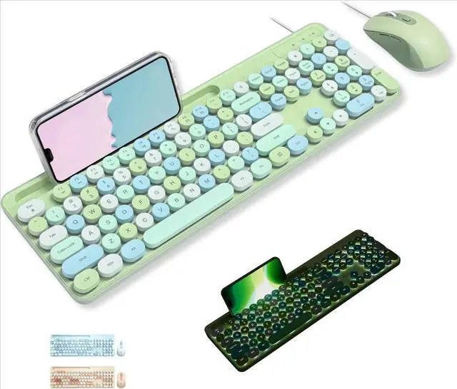 Main image of FOR-Cute Backlit Keyboard with Round Keycaps, 109 Silent Keys Fullsize with Phone/Tablet Dock, Aesthetic and Pastel Colorful Keyboard-Green