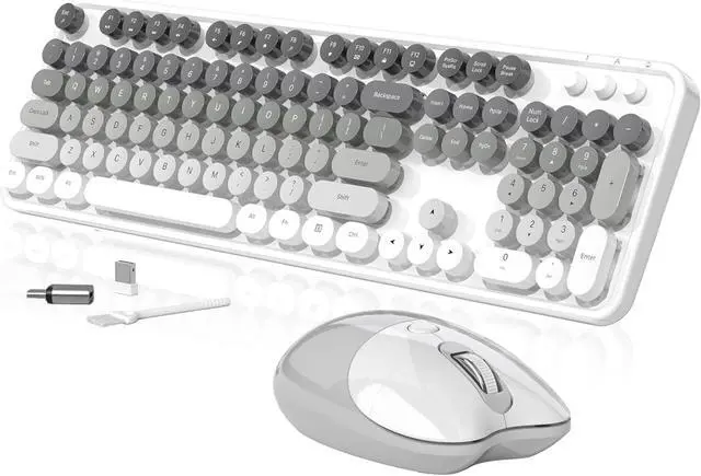 Main image of Creamy Wireless Keyboard and Mouse, 104 Round Keycaps Retro Typewriter with OTG & Brush, Full-Size Ergonomic, Gray White