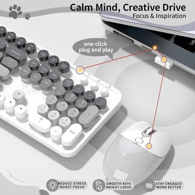 Alt view image 3 of 5 - Creamy Wireless Keyboard and Mouse, 104 Round Keycaps Retro Typewriter with OTG & Brush, Full-Size Ergonomic, Gray White