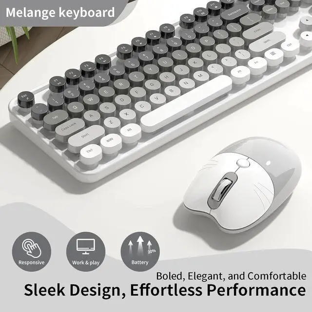 Alt view image 4 of 5 - Creamy Wireless Keyboard and Mouse, 104 Round Keycaps Retro Typewriter with OTG & Brush, Full-Size Ergonomic, Gray White