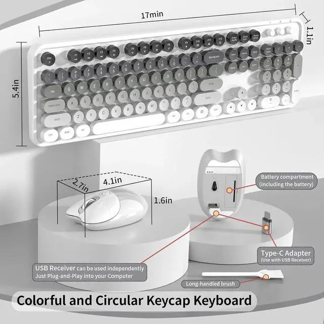 Alt view image 5 of 5 - Creamy Wireless Keyboard and Mouse, 104 Round Keycaps Retro Typewriter with OTG & Brush, Full-Size Ergonomic, Gray White