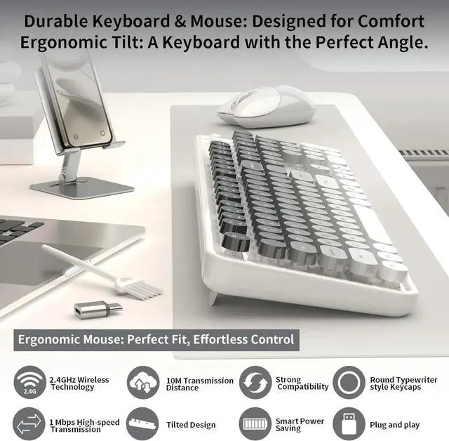 Alt view image 2 of 5 - Creamy Wireless Keyboard and Mouse, 104 Round Keycaps Retro Typewriter with OTG & Brush, Full-Size Ergonomic, Gray White