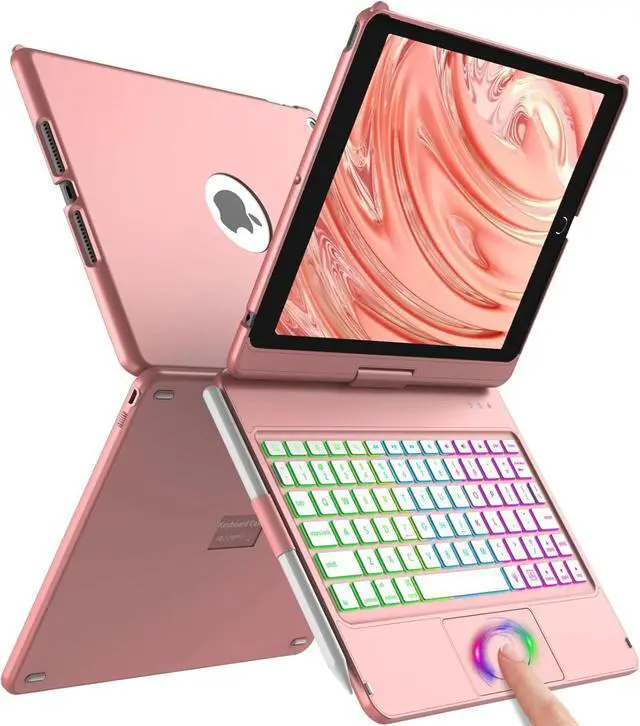 Main image of Colorful Backlight,360° Slim Cover, Keyboard Case with Bluetooth Keyboard&Pencil Holder,for iPad 8th Gen 2020,7th Gen 2019,Rose Gold