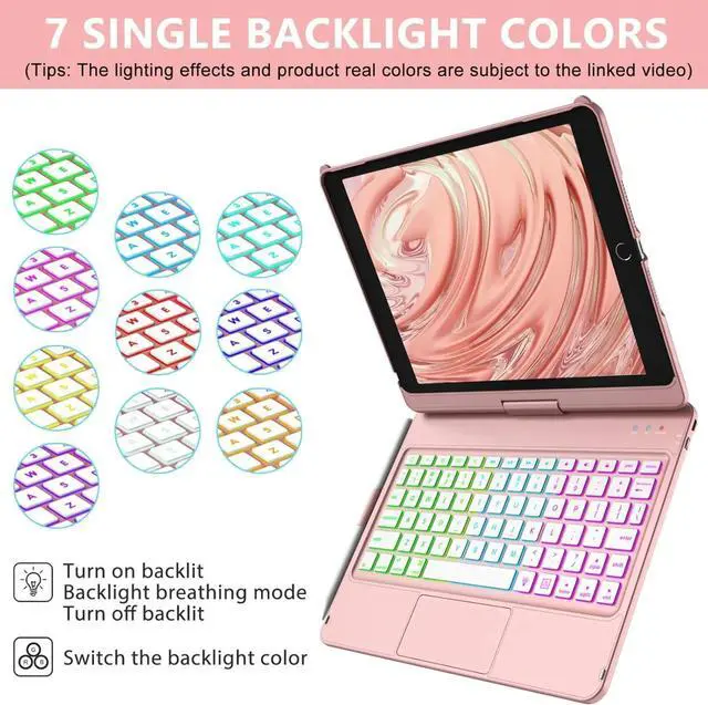 Alt view image 4 of 6 - Colorful Backlight,360° Slim Cover, Keyboard Case with Bluetooth Keyboard&Pencil Holder,for iPad 8th Gen 2020,7th Gen 2019,Rose Gold