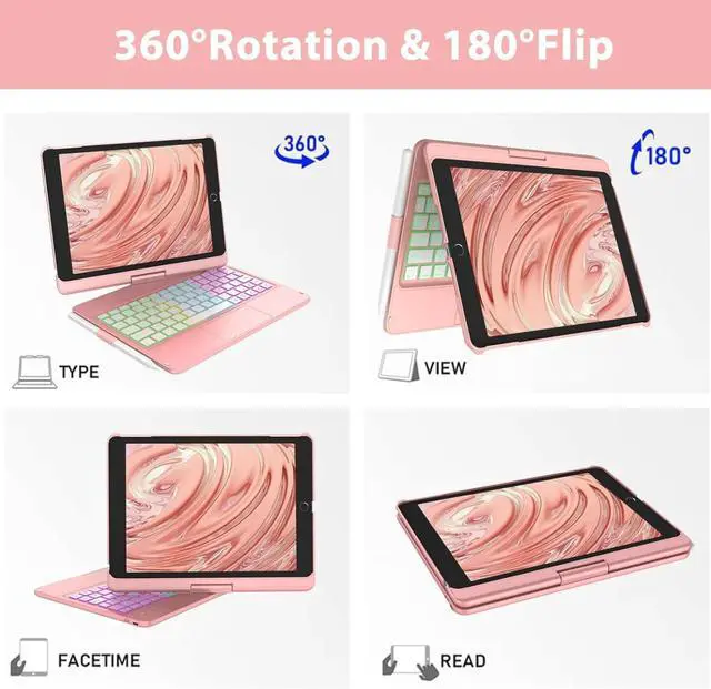 Alt view image 6 of 6 - Colorful Backlight,360° Slim Cover, Keyboard Case with Bluetooth Keyboard&Pencil Holder,for iPad 8th Gen 2020,7th Gen 2019,Rose Gold