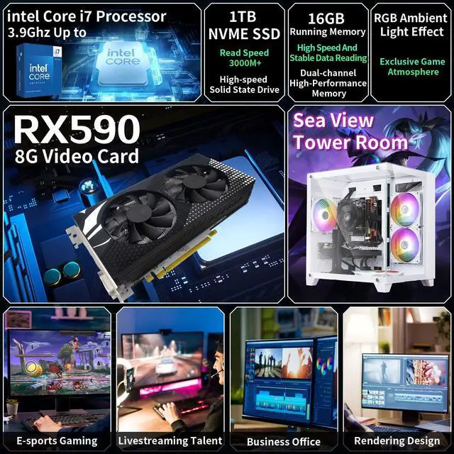 Alt view image 2 of 7 - Prebuilt Gaming PC Desktop Computer,Intel Core i7 Desktop,Operating at A Frequency of 3.4-3.9 GHz,RX590 Graphics Card with 8GB GDDR5 Video Memory,16GB RAM, 1TB NVME SSD,WiFi 5.0,RGB Fan x4