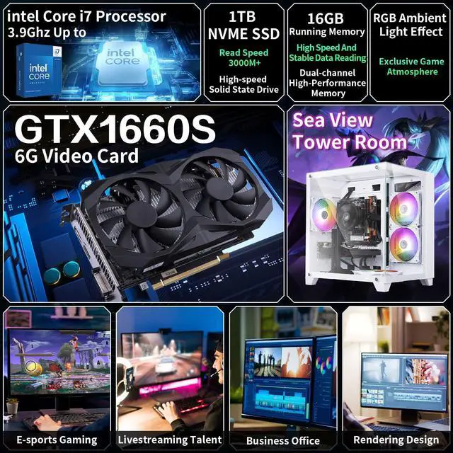 Alt view image 2 of 7 - Gaming PC Desktop Computer,Intel Core i7 Desktop,Operating at A Frequency of 3.4GHz,GTX1660Super Graphics Card with 6GB GDDR6 Video Memory,16GB RAM, 1TB NVME SSD,WiFi 5.0,RGB Fan x4,White